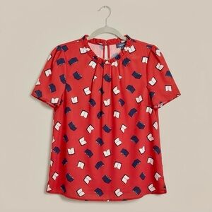 ModCloth Red Book Print Ruffle Neck Blouse Short Sleeve Novelty Whimsical Top M